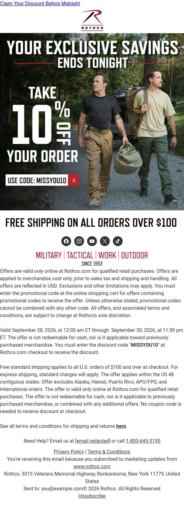 Psst… Your 10% Off Ends Tonight 👀 email from Rothco screenshot