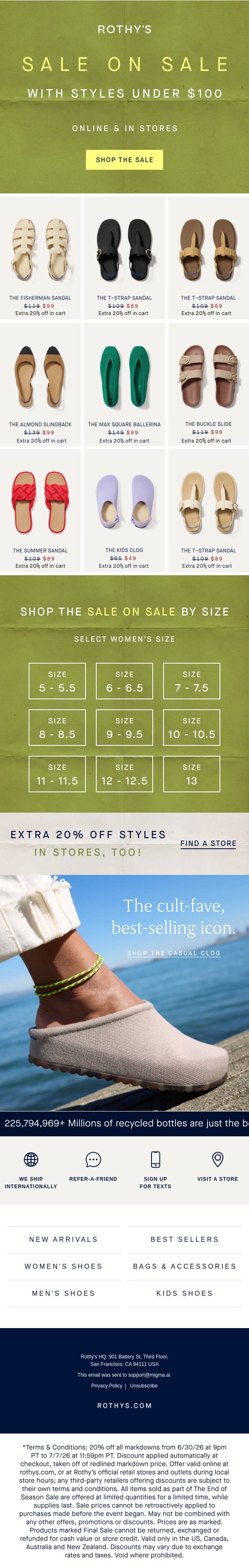 No way: Styles under $100. (Way.) email from Rothy's screenshot