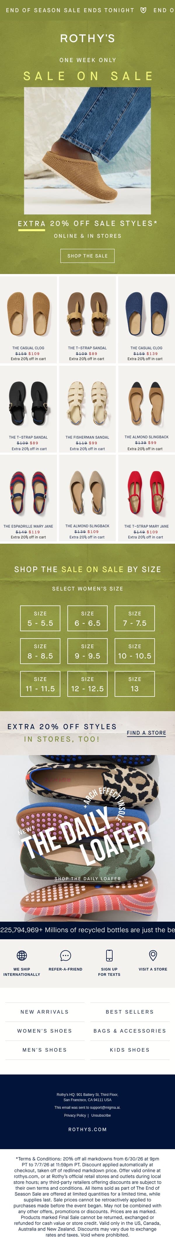 FINAL HOURS: Extra 20% off sale clogs. email from Rothy's screenshot