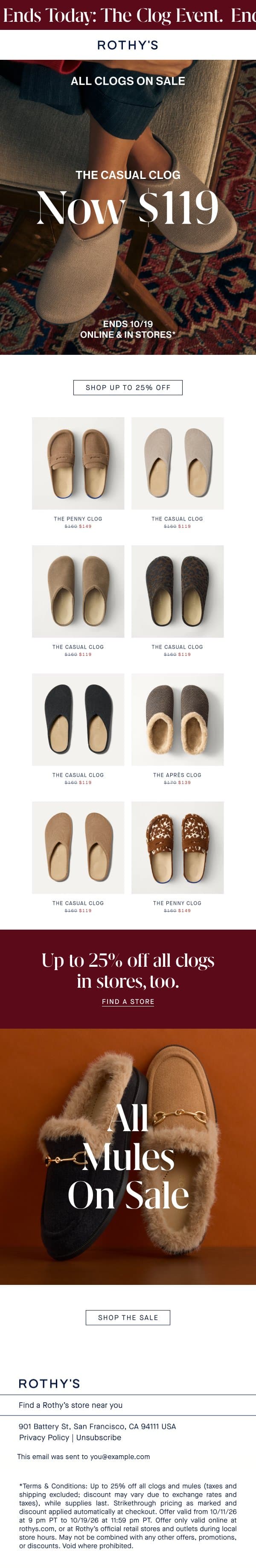 FINAL HOURS: ALL CLOGS ON SALE. email from Rothy's screenshot