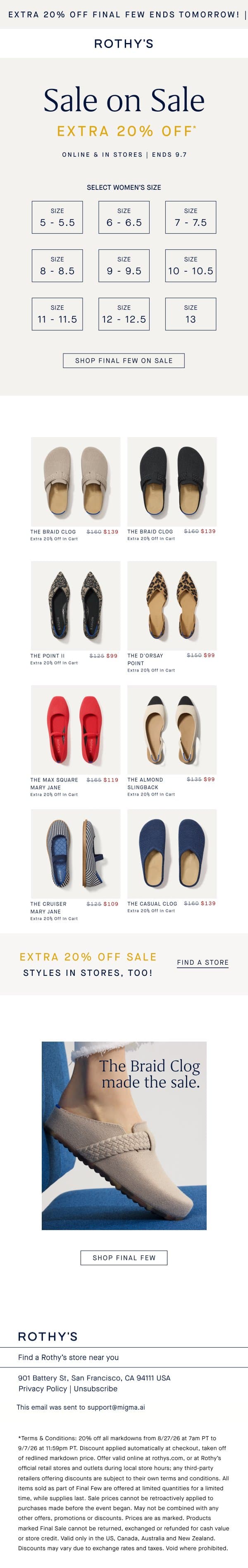 Sale, but make it your size. email from Rothy's screenshot