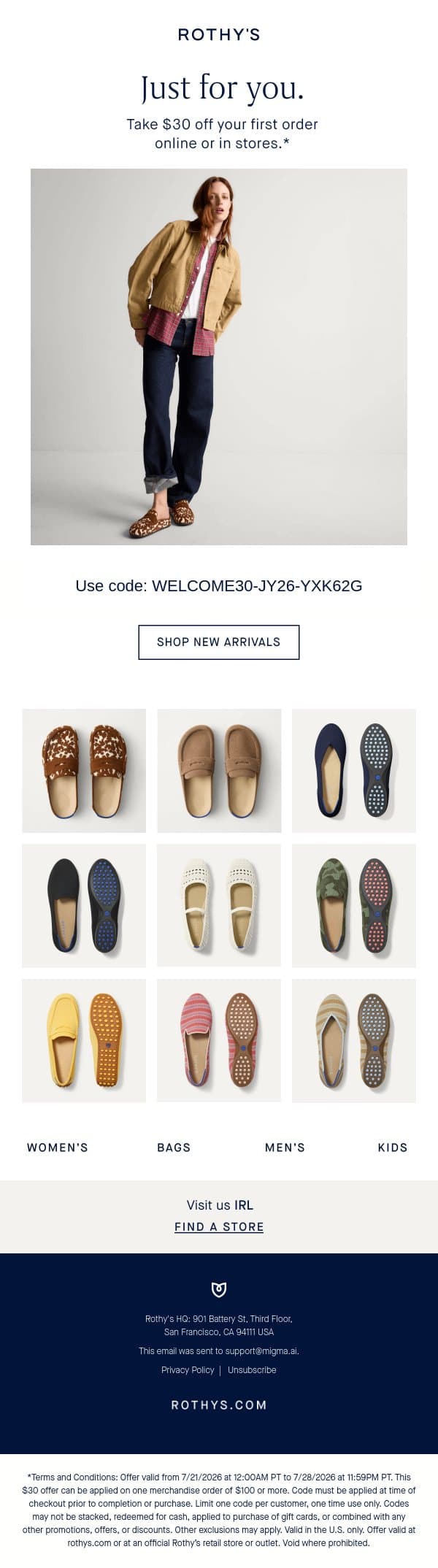 $30 off. This is your sign. email from Rothy's screenshot