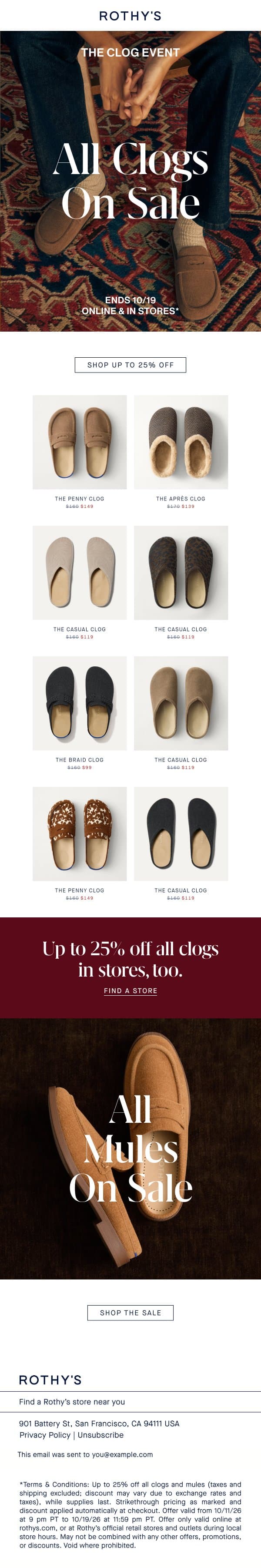 Best-selling Penny Clog on sale. email from Rothy's screenshot