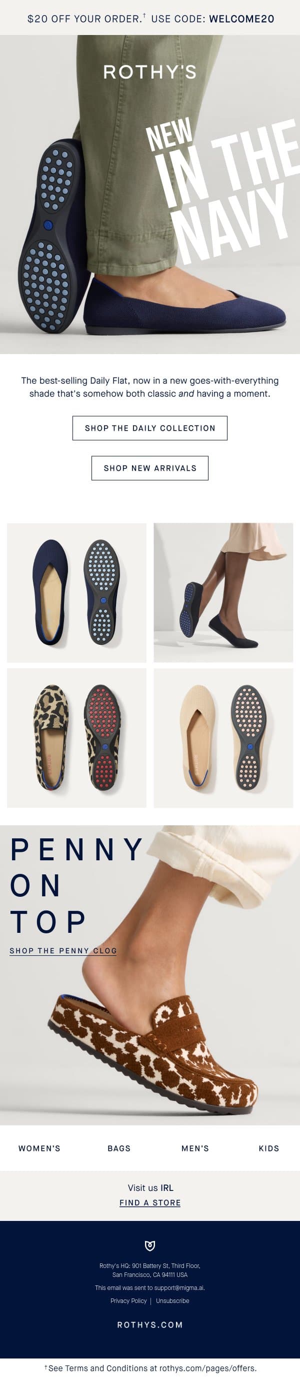 Hello new Navy Daily Flat. email from Rothy's screenshot