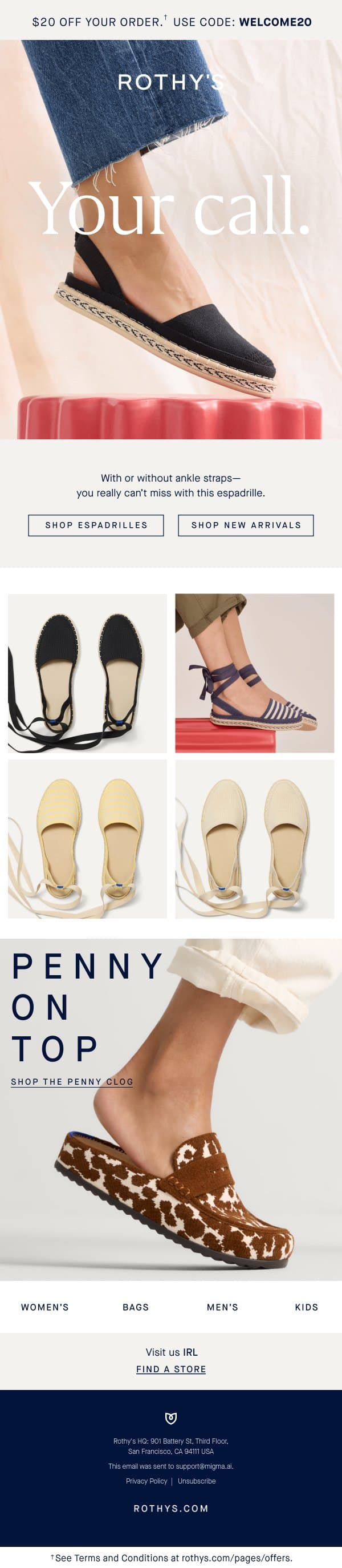 One espadrille. Two looks. Going fast. email from Rothy's screenshot