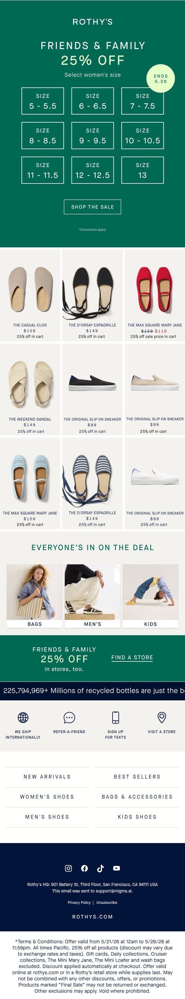 25% OFF YOUR SIZE INSIDE. Exclusions apply. email from Rothy's screenshot