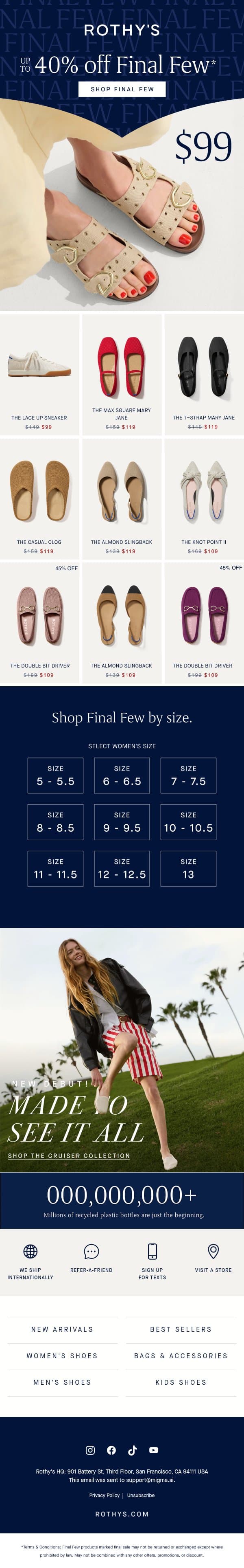 Best-selling Buckle Slide $99 in Final Few! email from Rothy's screenshot