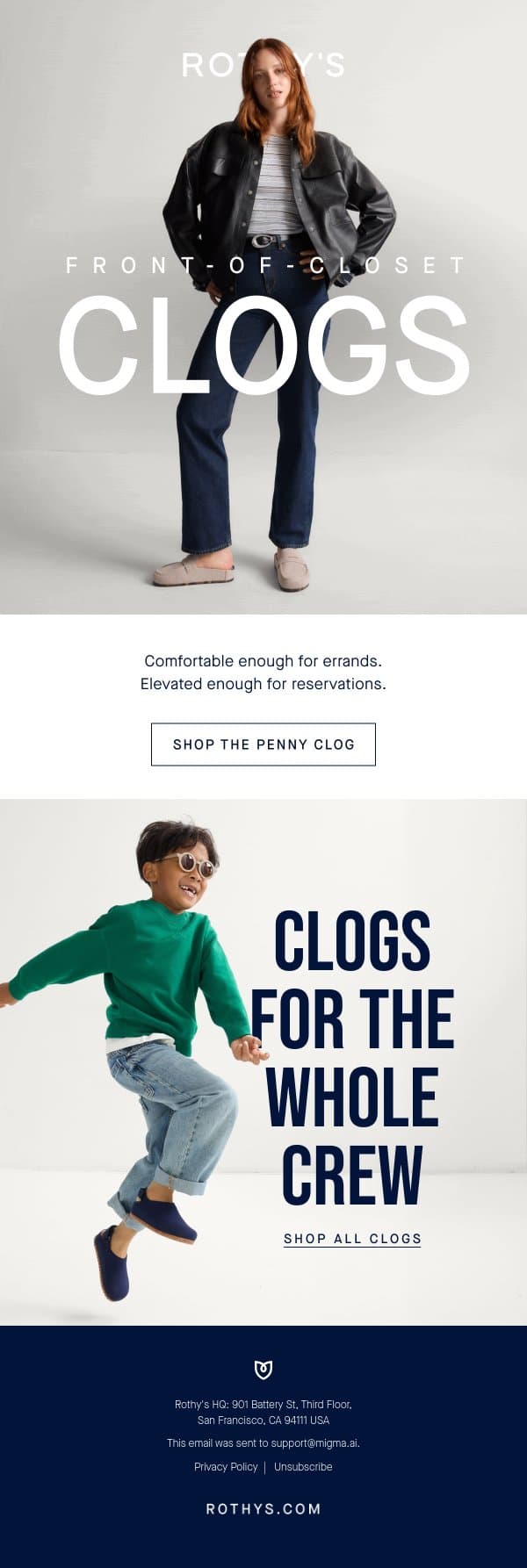 The button-down of clogs. email from Rothy's screenshot