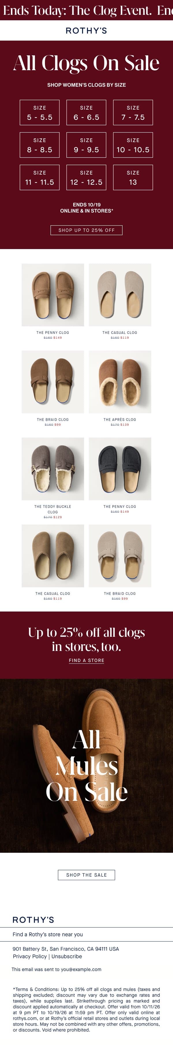 ENDS TODAY! ALL CLOGS ON SALE. email from Rothy's screenshot