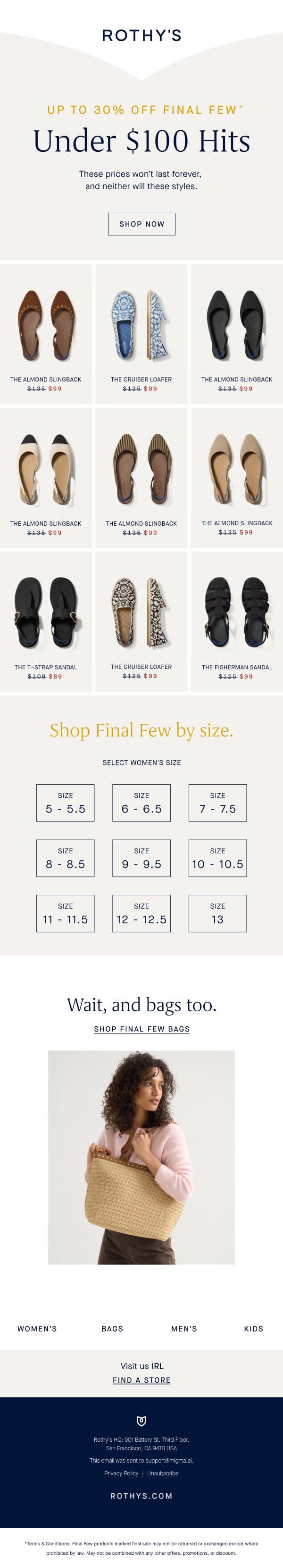 All these. All under $100. email from Rothy's screenshot