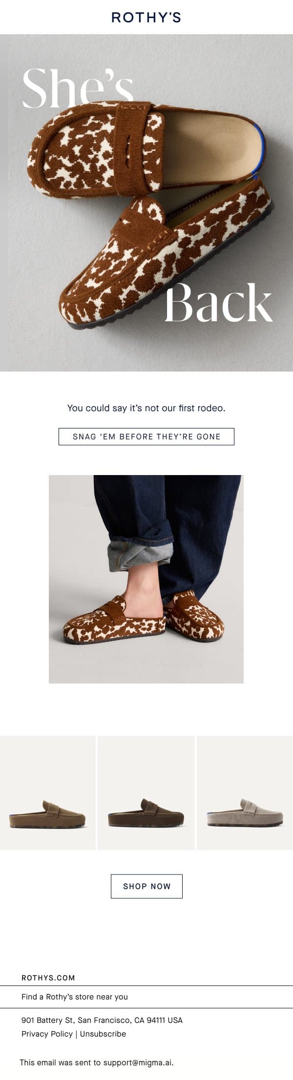 The Penny Clog is back. email from Rothy's screenshot
