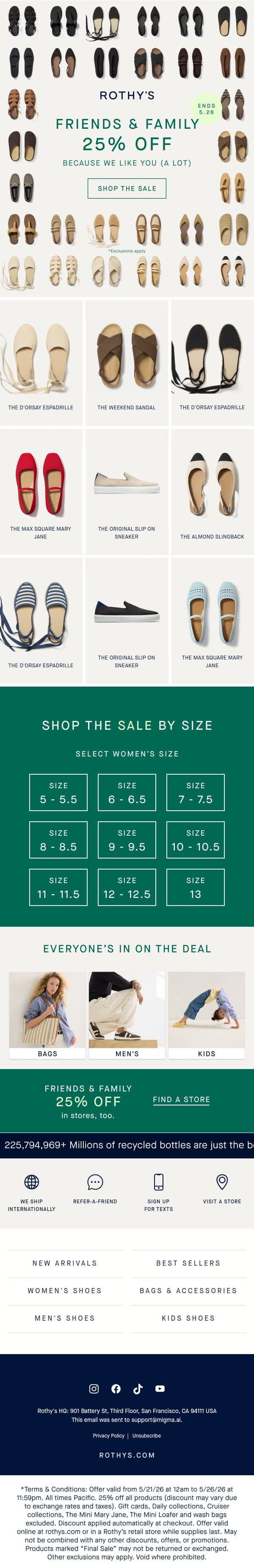25% OFF FRIENDS & FAMILY STARTS NOW, exclusions apply. email from Rothy's screenshot