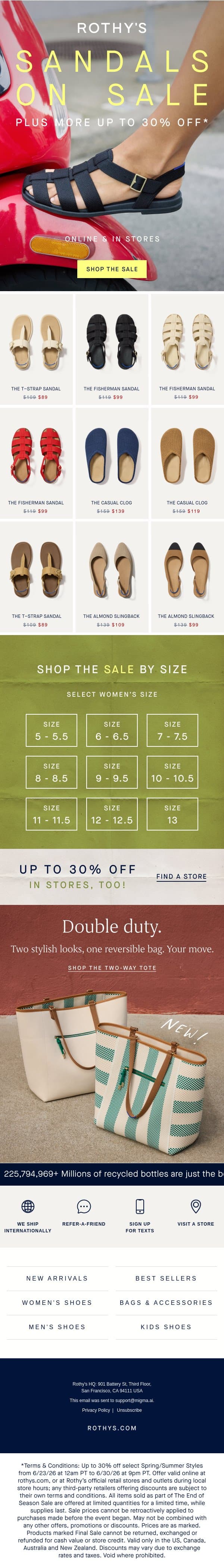 Up to 30% off sandals. Say less. email from Rothy's screenshot