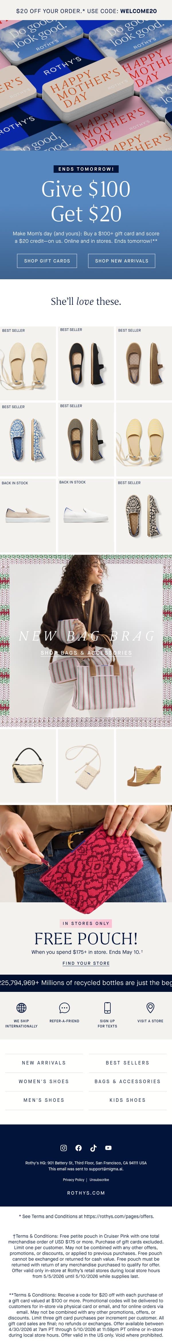 Last chance: Give $100, get $20. email from Rothy's screenshot