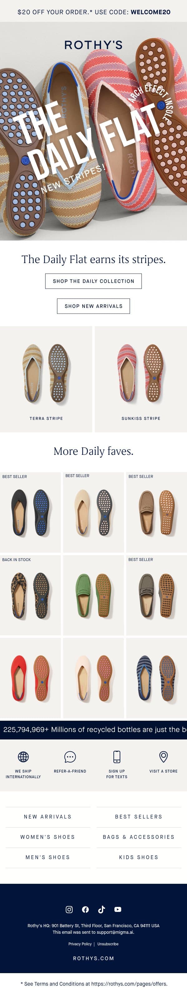 The Daily Flat, now in new stripes. email from Rothy's screenshot
