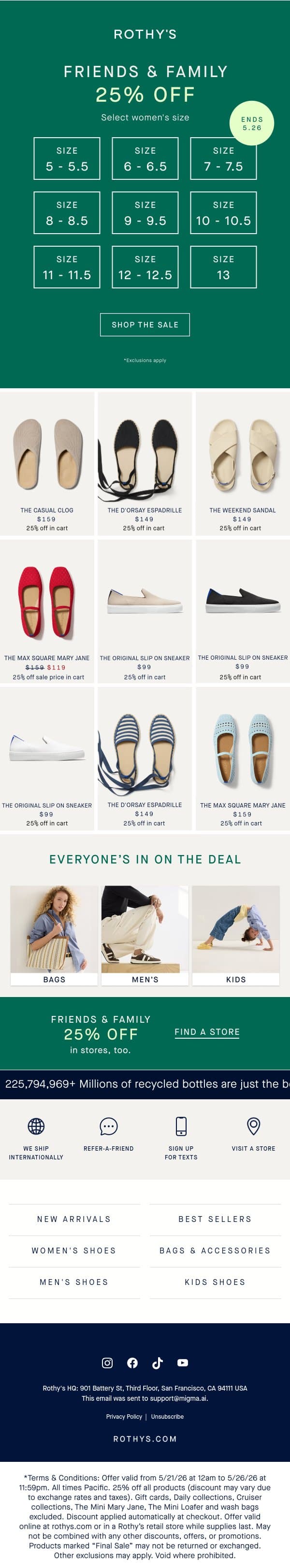 Sale on your size? Yes pls. Exclusions apply. email from Rothy's screenshot