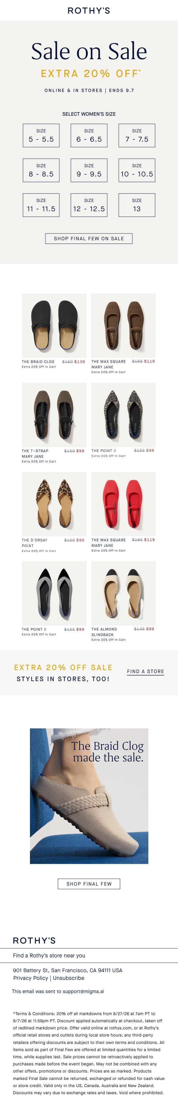 Your size. Your sale. email from Rothy's screenshot