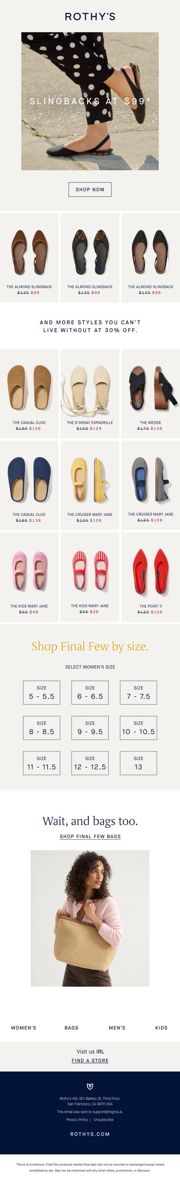 $99 best-selling Slingbacks in Final Few. email from Rothy's screenshot