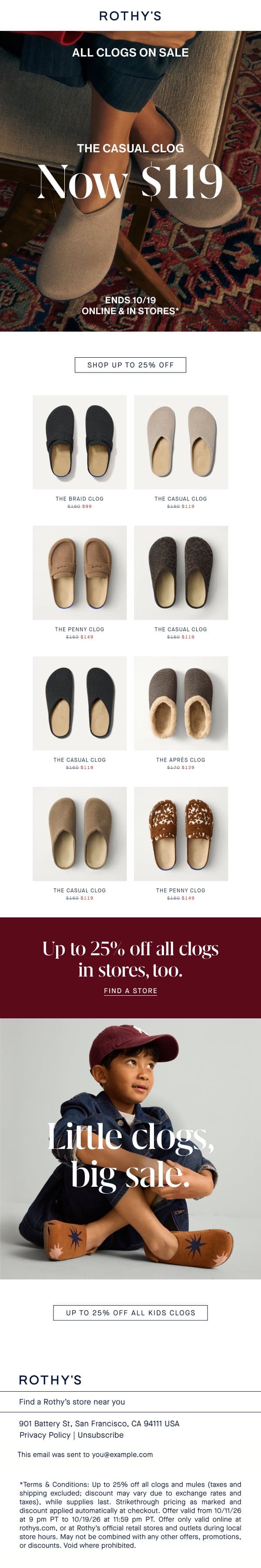 Cult-fave Casual Clog now $119. email from Rothy's screenshot