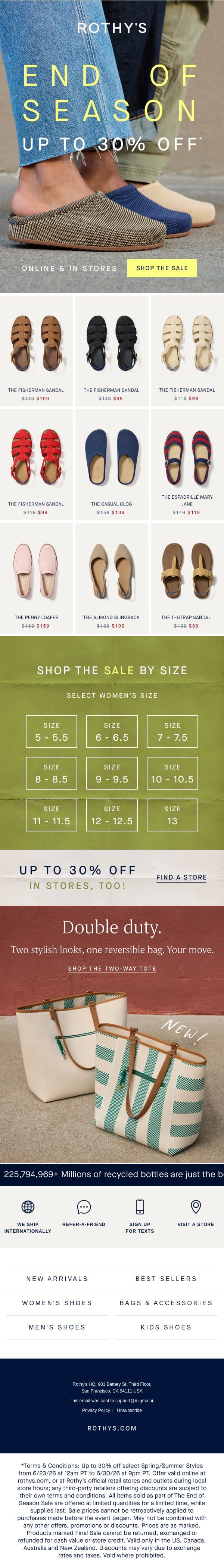 Your fave clogs, now up to 30% off. email from Rothy's screenshot