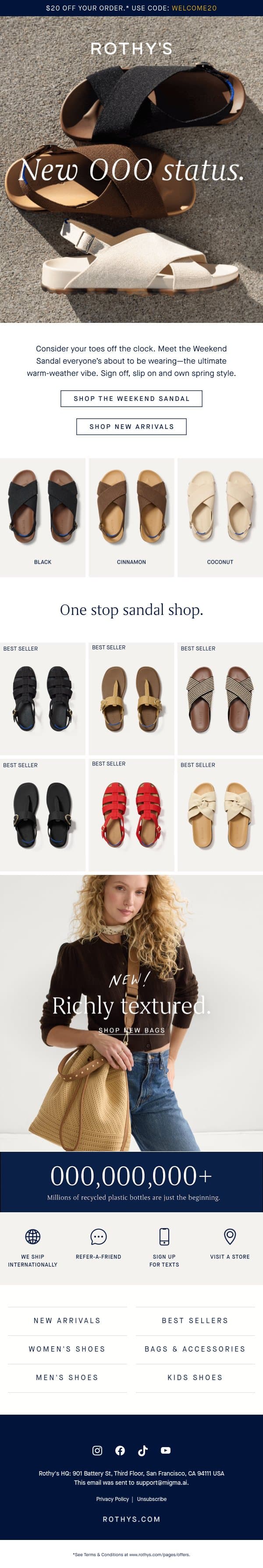 FRESH DROP: The Weekend Sandal. ☀️ email from Rothy's screenshot