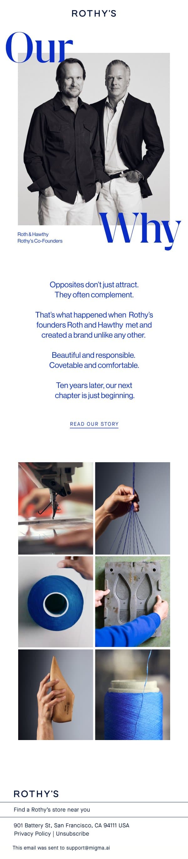 A NOTE FROM OUR FOUNDERS email from Rothy's screenshot