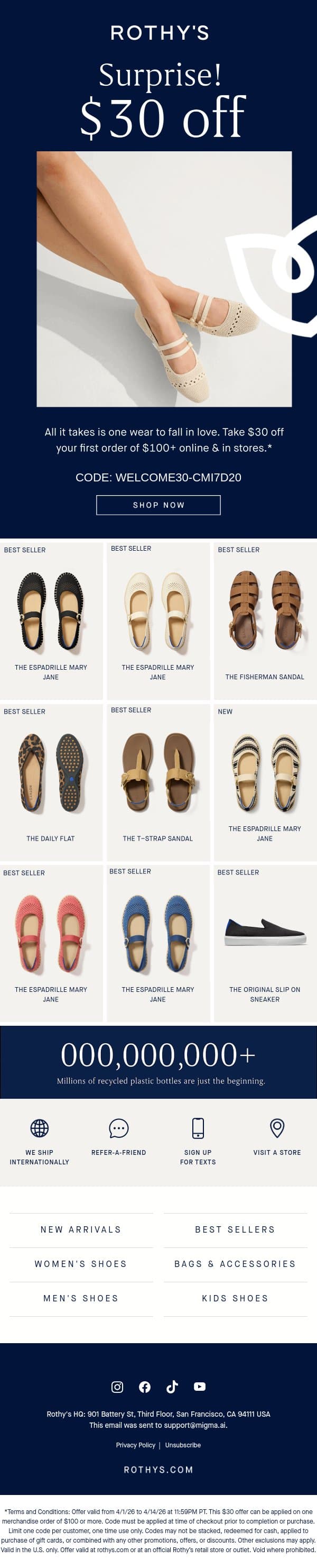 $30 off!? Pick a pair & make it official. 💍 email from Rothy's screenshot