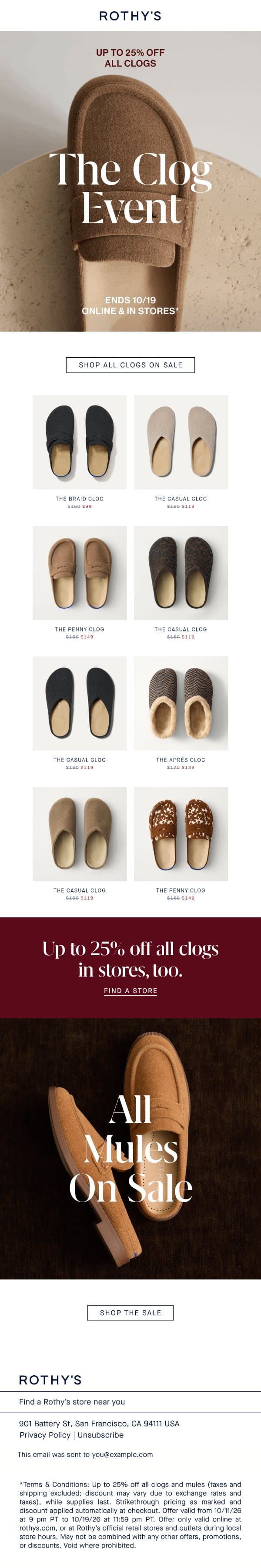 So many clogs. Up to 25% off. email from Rothy's screenshot