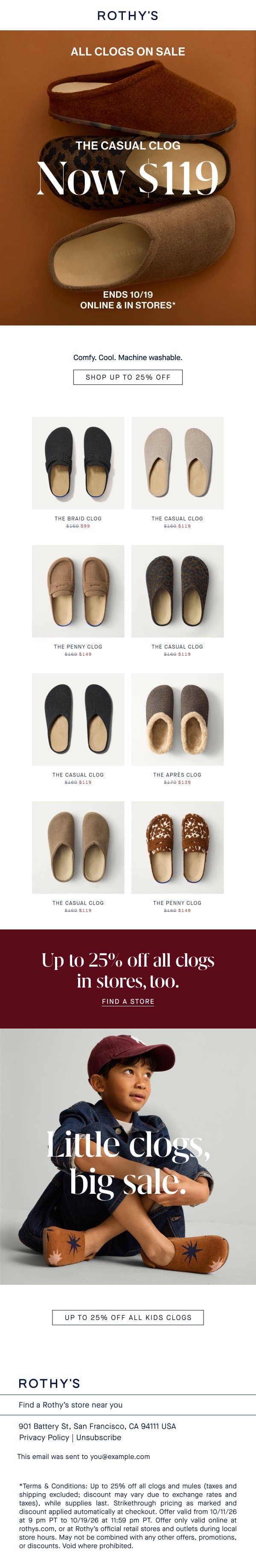 ReVelvet Casual Clogs? Also $119. email from Rothy's screenshot