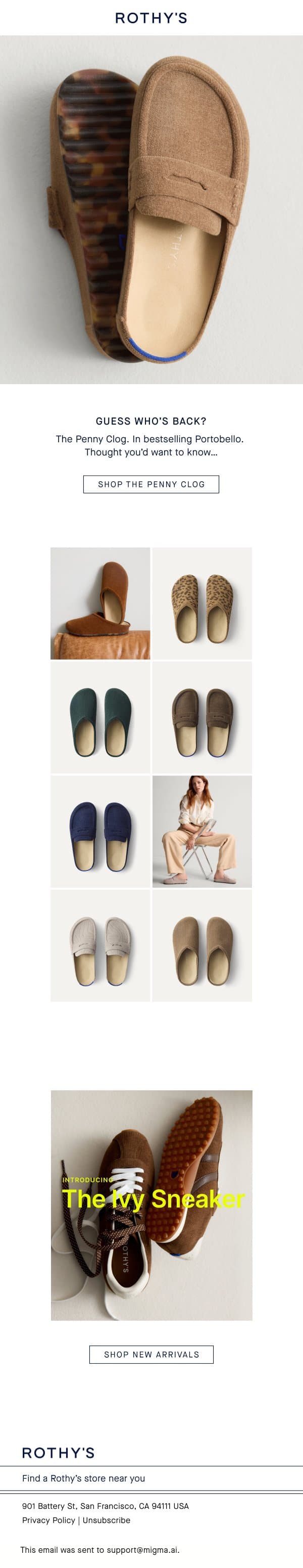 Penny Clog’s back in Portobello. email from Rothy's screenshot