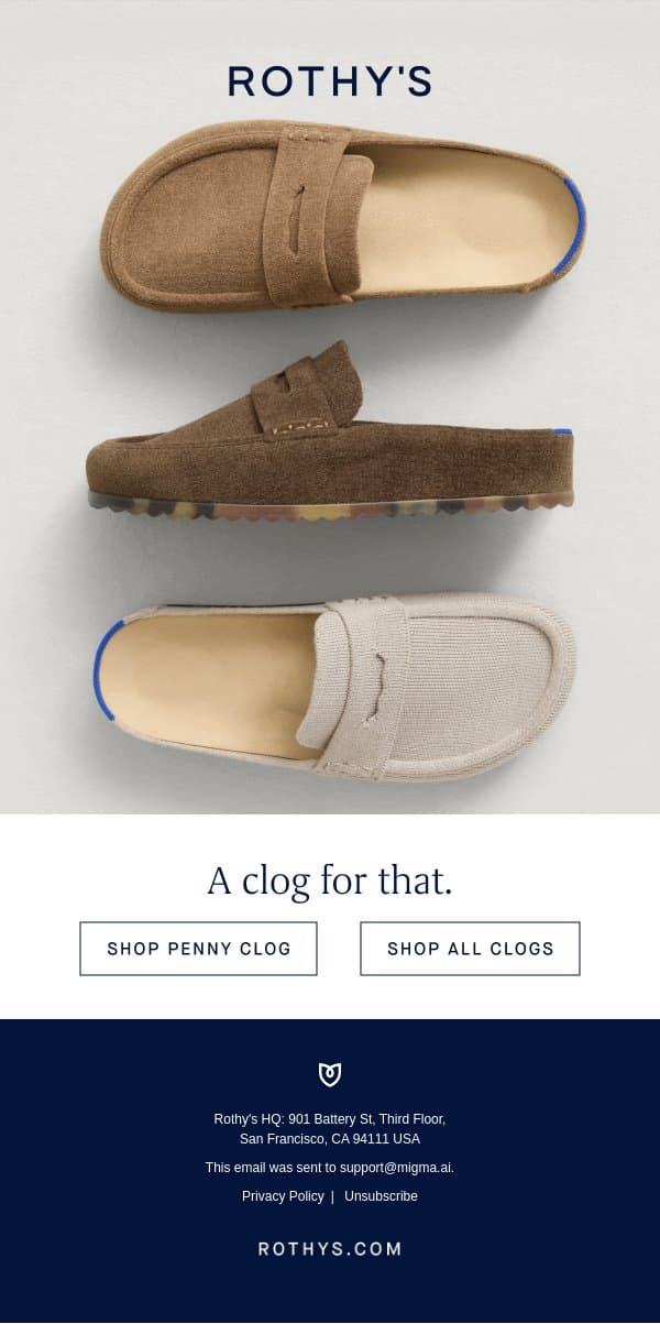 Clogs on clogs on clogs. email from Rothy's screenshot