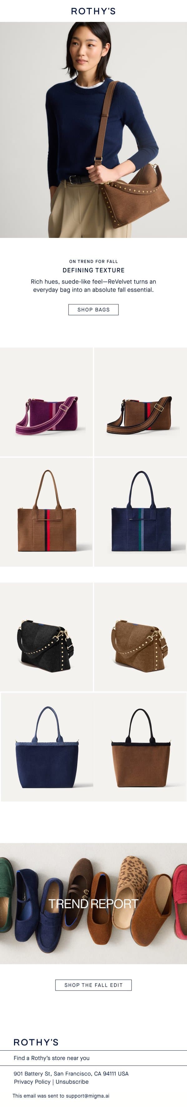 Your fall look needs a bag. email from Rothy's screenshot