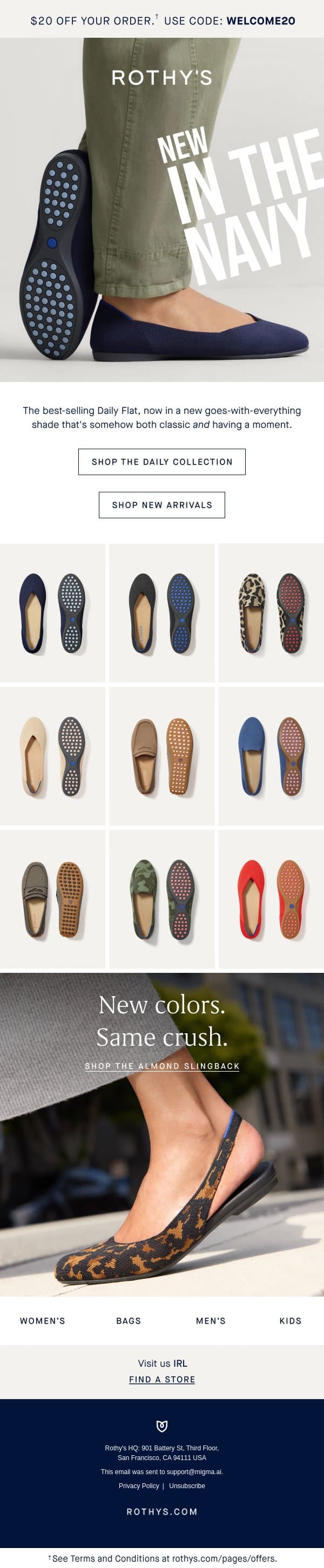 The Daily Flat: New Navy Edition. email from Rothy's screenshot