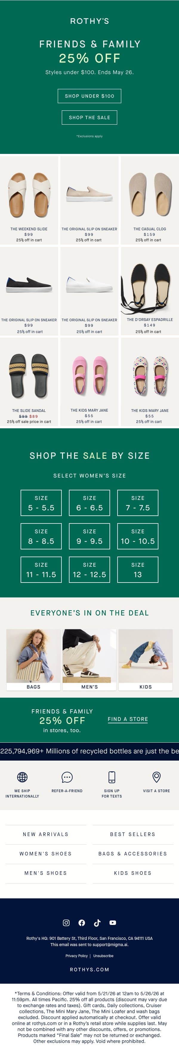 Tons under $100 thanks to 25% off select styles. email from Rothy's screenshot