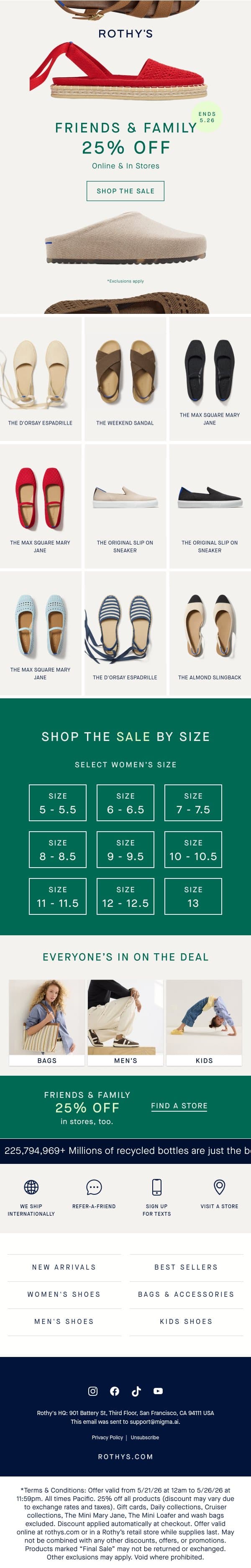 25% off inside. 👀 Exclusions apply. email from Rothy's screenshot