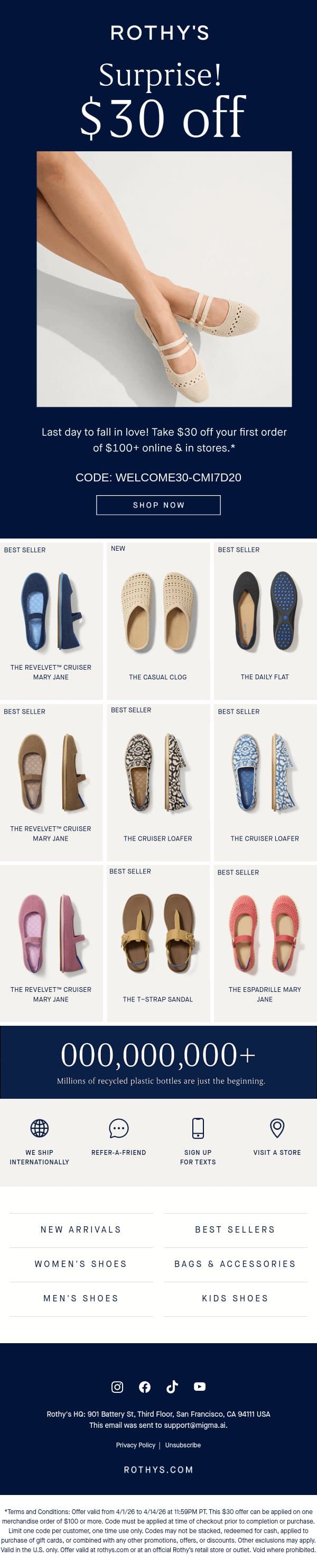 LAST DAY for $30 off your first pair. ⏰ email from Rothy's screenshot