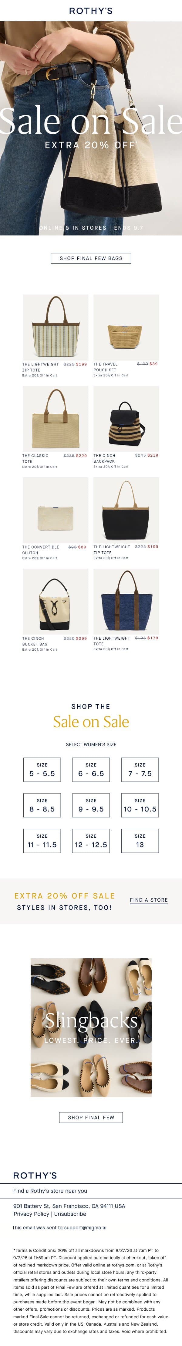 Sale on sale: Bag edition. email from Rothy's screenshot
