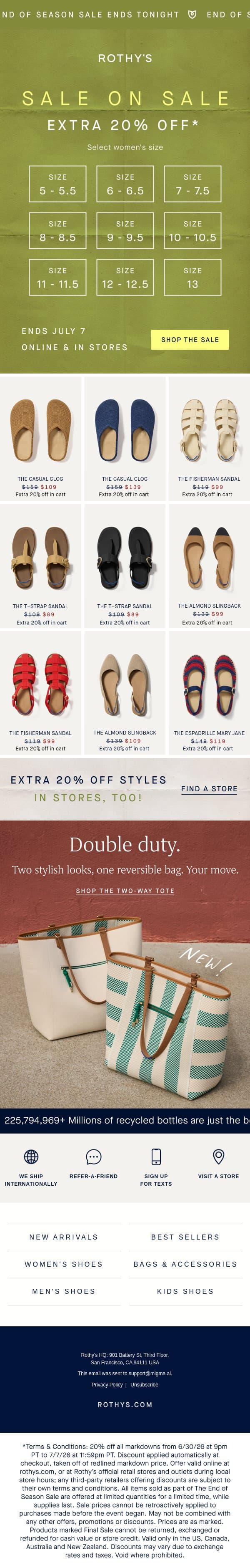 SALE ON SALE ENDS TONIGHT email from Rothy's screenshot