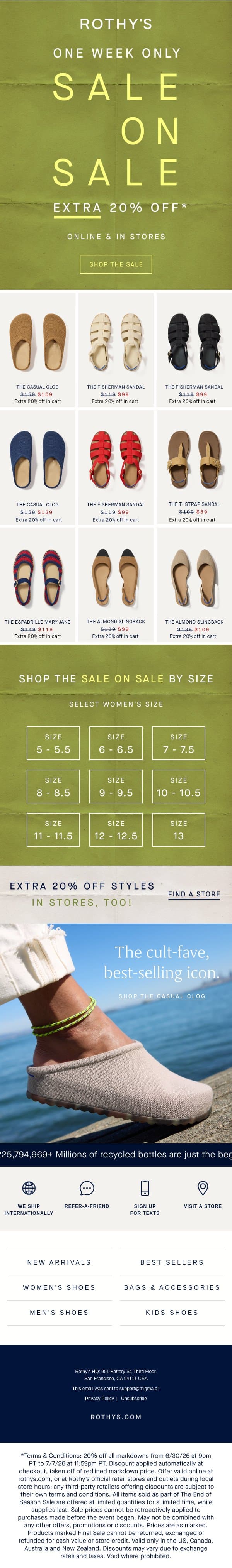 SALE ON SALE: EXTRA 20% OFF 🤩 email from Rothy's screenshot