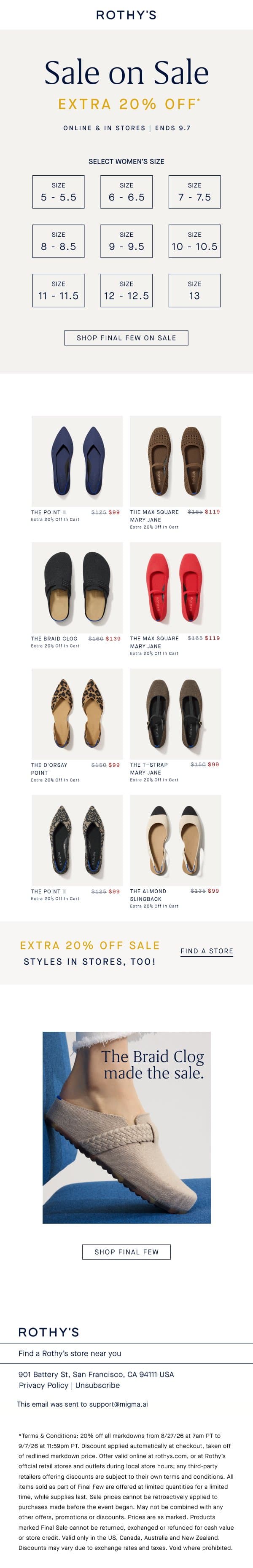 Extra 20% off sale by size. email from Rothy's screenshot