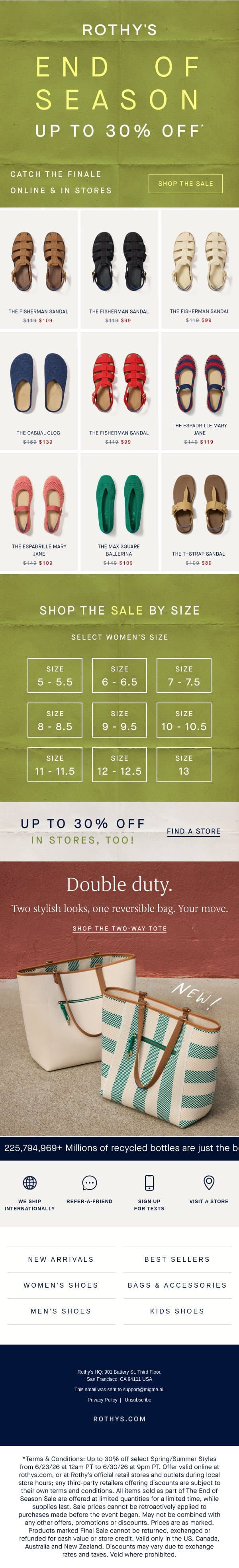 Good news. Up to 30% off. email from Rothy's screenshot