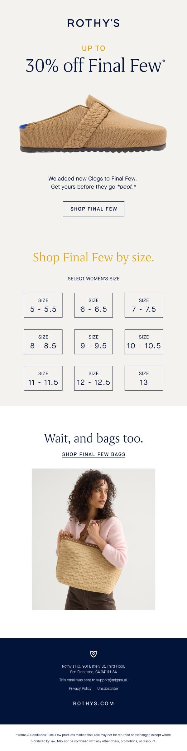 PSA! These clogs are on sale. email from Rothy's screenshot