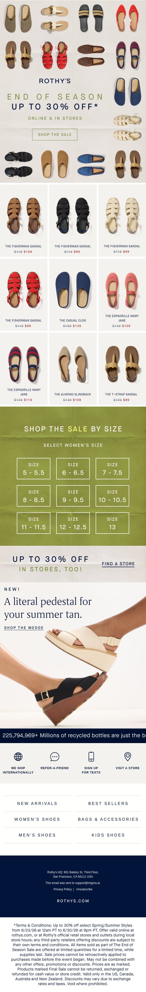 Up to 30% off End of Season is ON. email from Rothy's screenshot