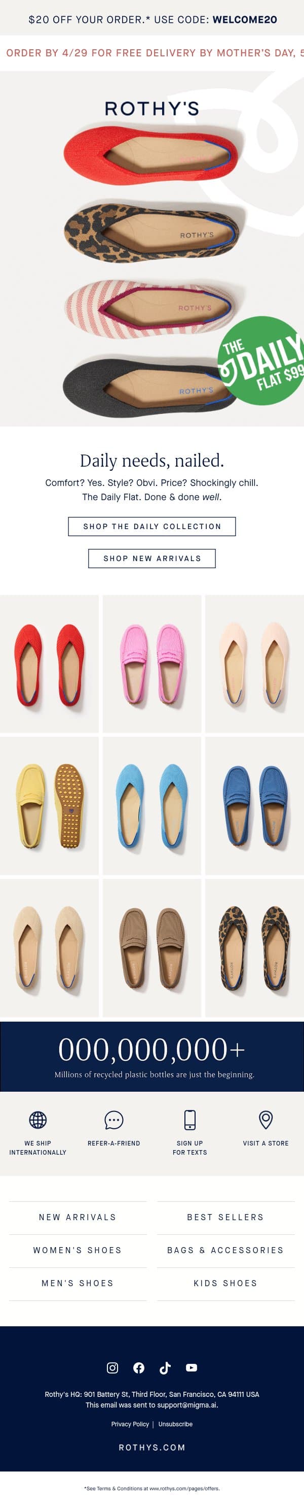 Last day: FREE delivery by mom’s day! email from Rothy's screenshot