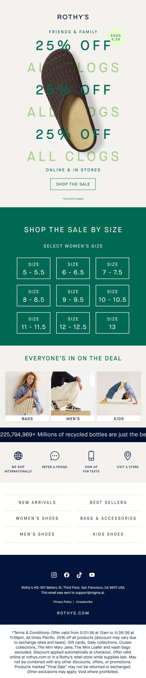 ALL CLOGS 25% OFF ‼️ Exclusions apply. email from Rothy's screenshot