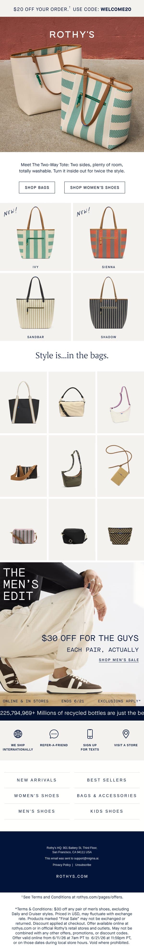 New bags. Big demand. Going fast. email from Rothy's screenshot