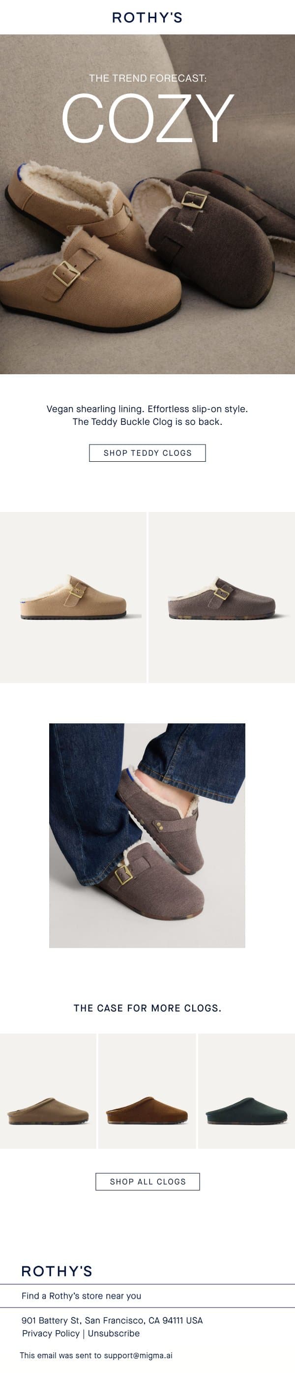 The trend? Cozy. email from Rothy's screenshot