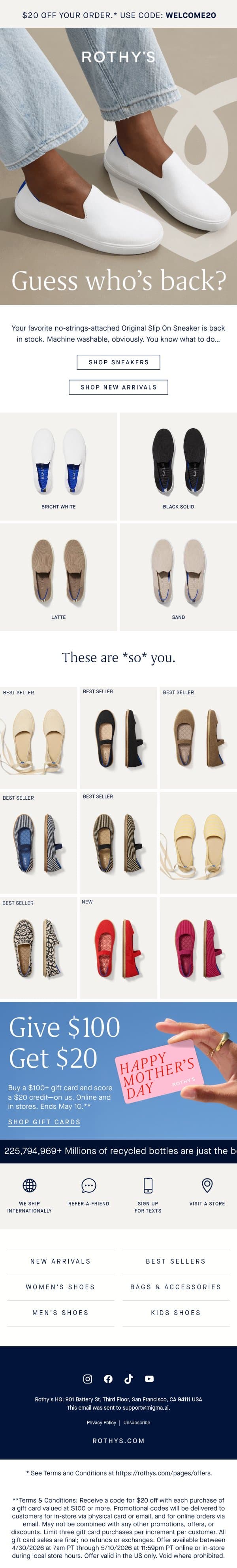 The OG Slip On Sneaker is back! email from Rothy's screenshot