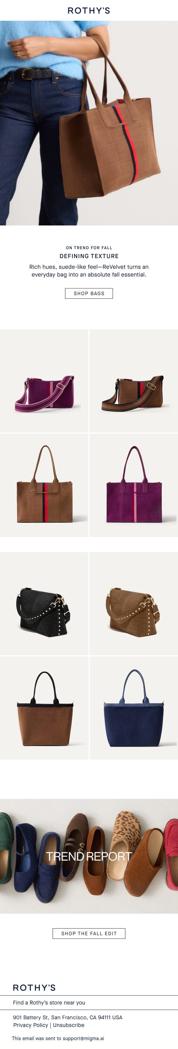 YOUR FALL BAG IS HERE email from Rothy's screenshot