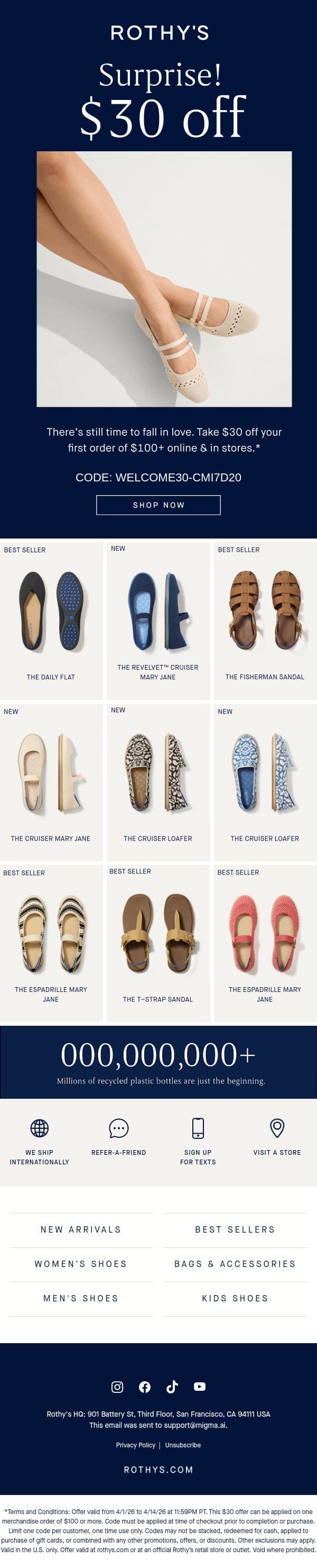 Don’t forget! $30 off your first pair. email from Rothy's screenshot